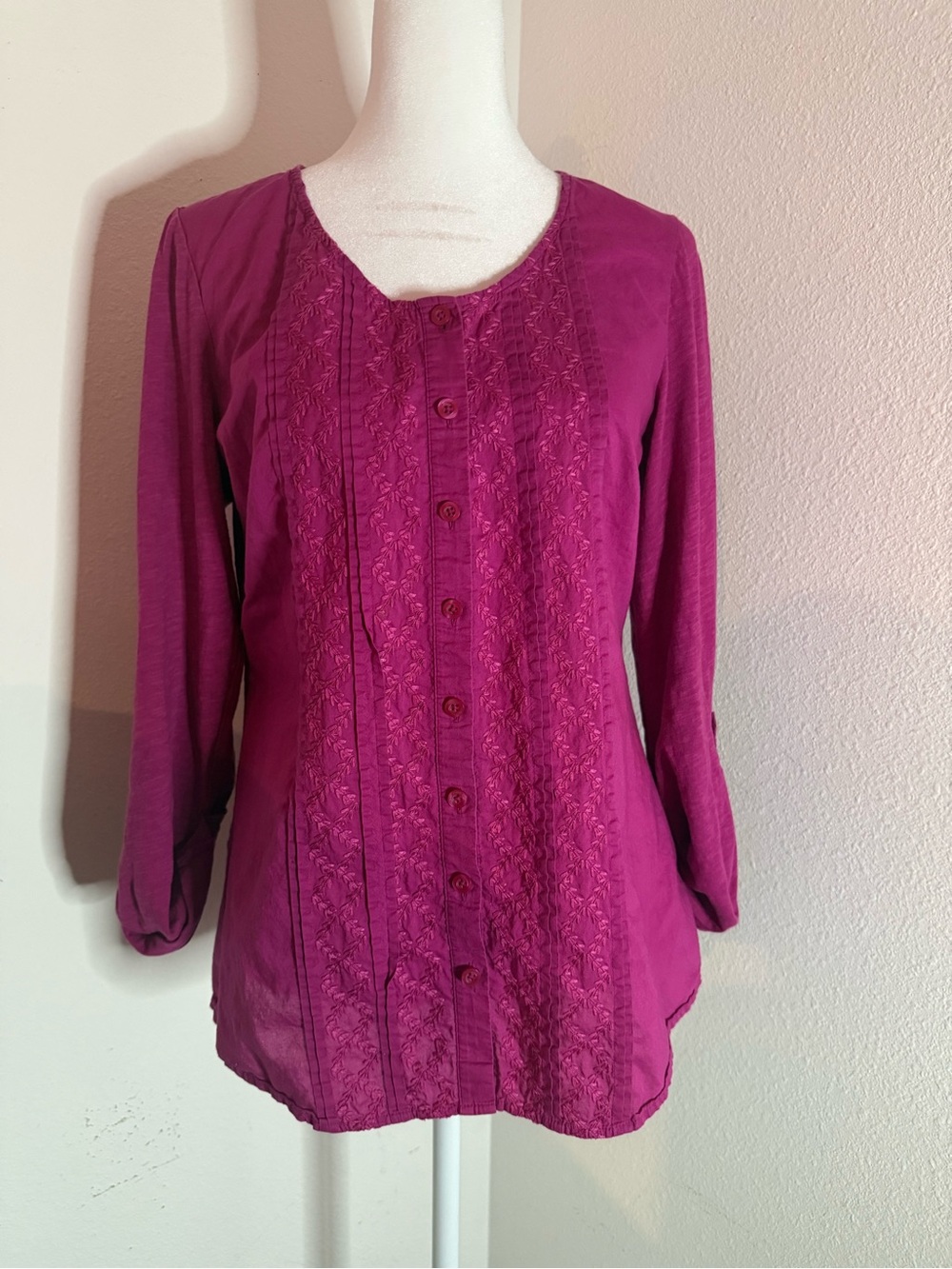 Coldwater Creek Magenta Button-Front Embroidered Top